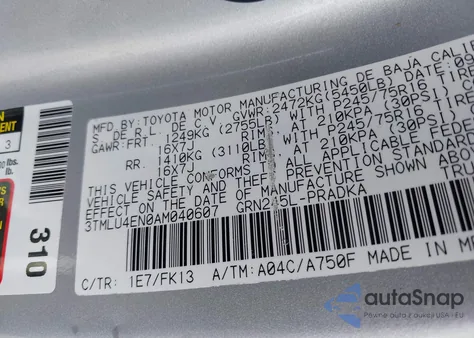 2010 Toyota Tacoma Base V6 from USA, damaged, VIN 3TMLU4EN0AM040607